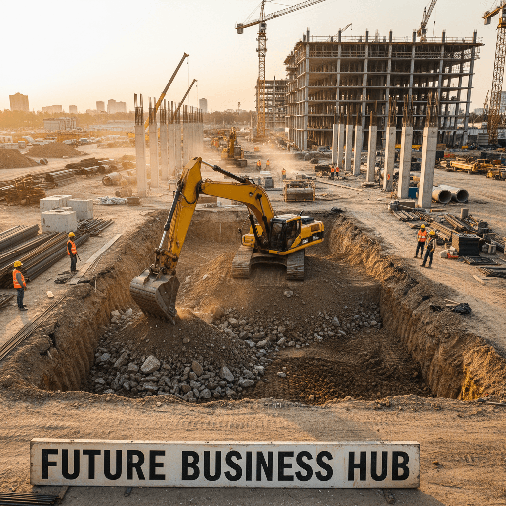Excavator digging a foundation on a commercial construction site