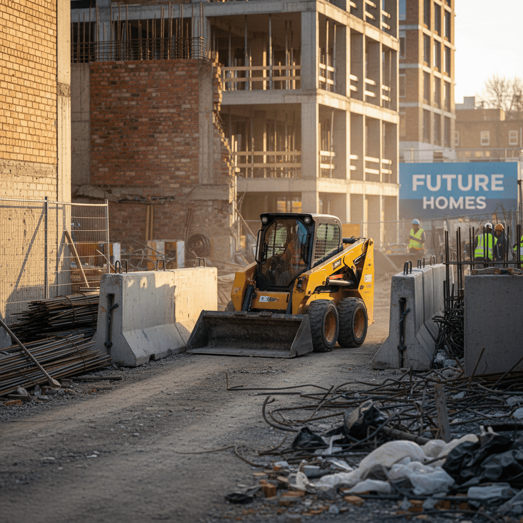 Compact skid steer loader working on a tight urban construction lot