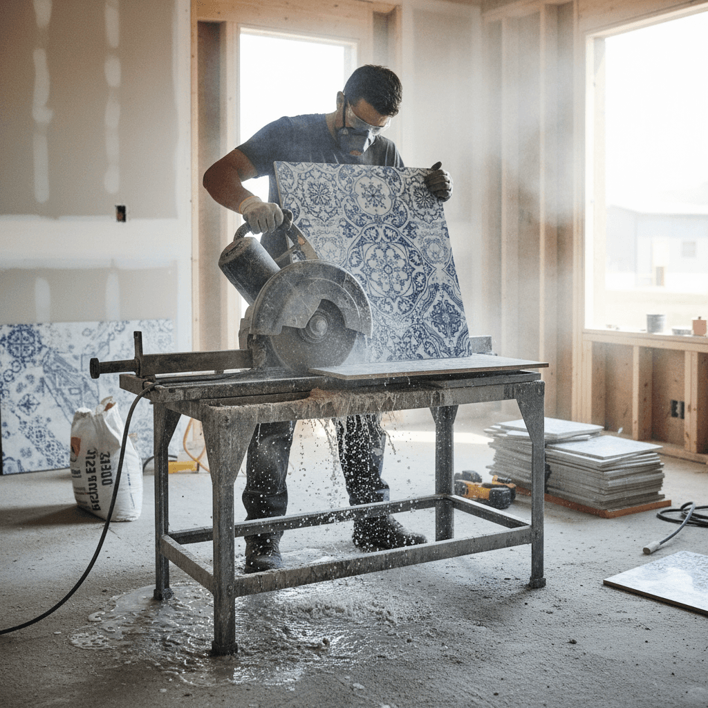 Electric tile saw cutting ceramic tile on a home renovation worksite