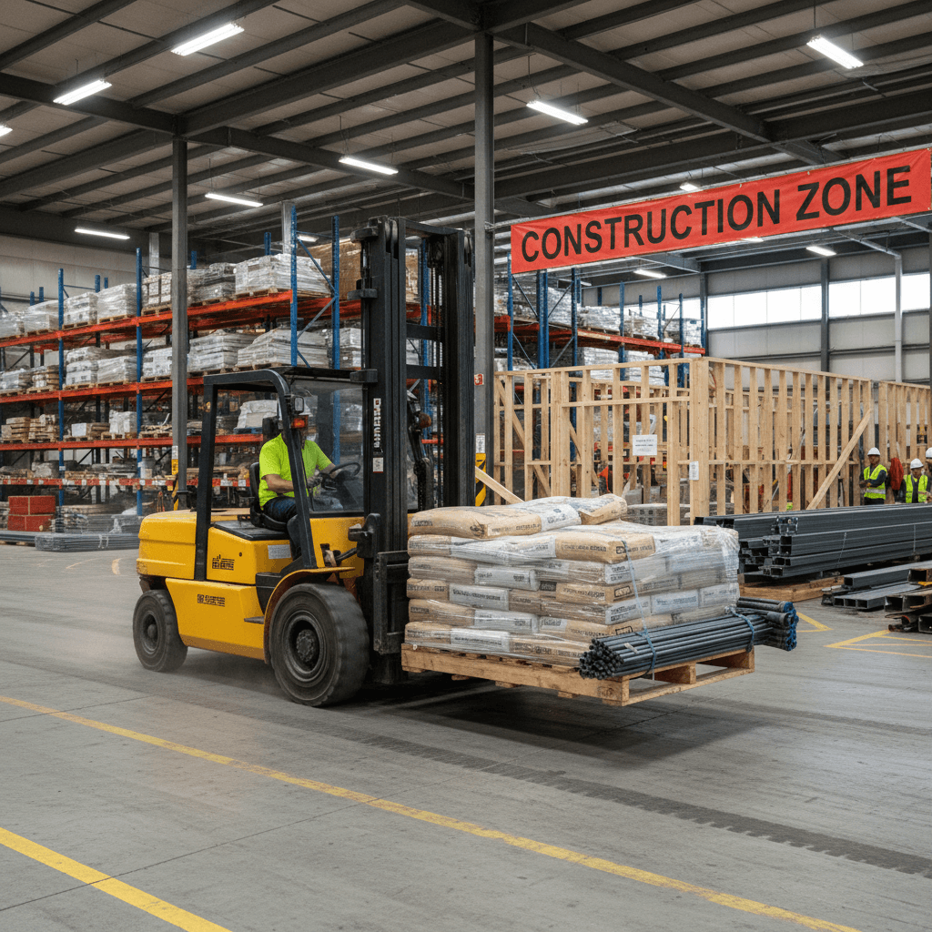 Forklift lifting pallets of construction materials on a job site
