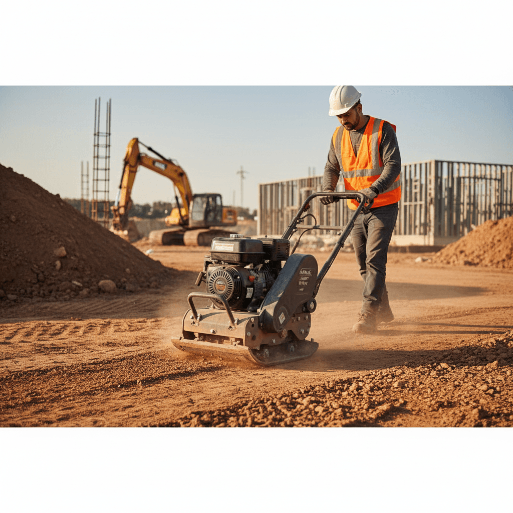 Construction worker operating plate compactor on residential job site