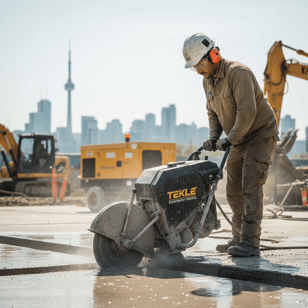 Worker cutting concrete with a walk-behind saw