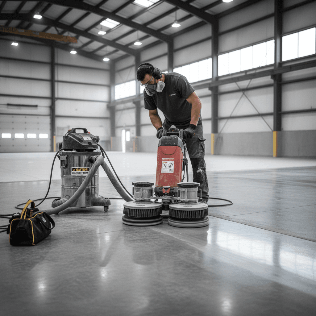 Worker using a floor grinder on polished concrete in an indoor space