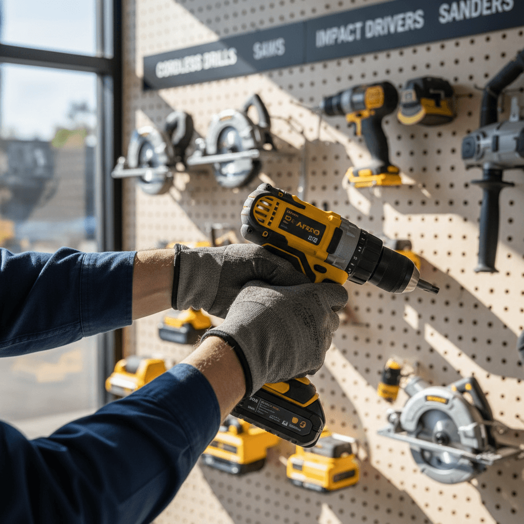 Shelf of power tools ready for rent