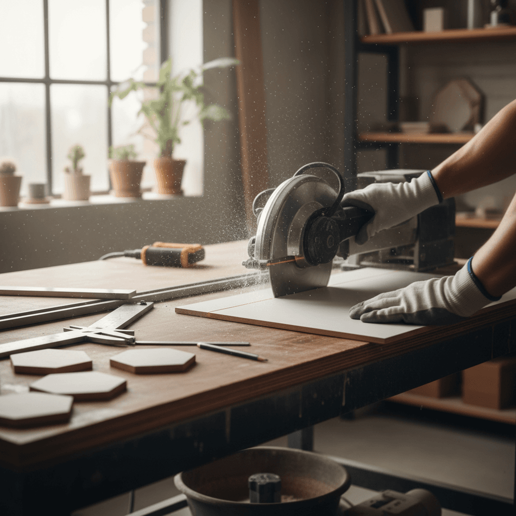 Contractor cutting tiles with a tile saw