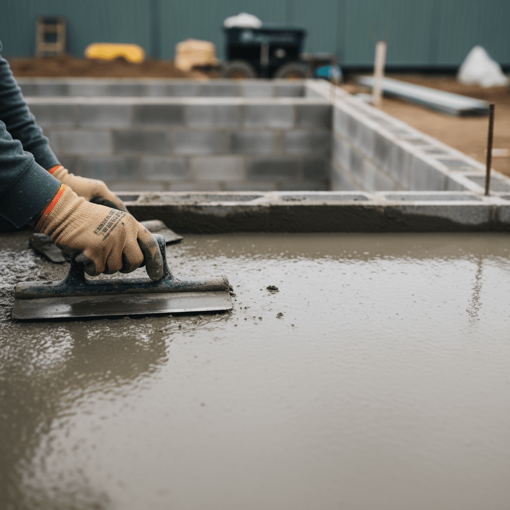 Power trowel machine smoothing a fresh concrete floor